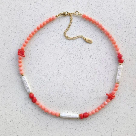 πορτοκαλι Χειροποίητο κολιέ με πέρλες κοκκινο ανρινε κοσμηματα