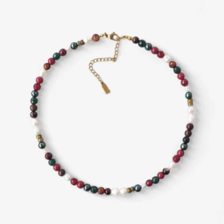 Κολιέ με φυσικές πέρλες και μπορντο πέτρες πρασινες ανρινε κοσμηματα