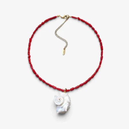 Χειροποίητο κολιέ με φυσικά κοράλλια και κρεμαστό κοχύλι ανρινε κοσμηματα